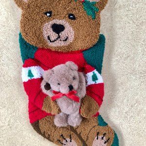 Vintage 3D Teddy Bear SUPER Plush Quilted Christmas Stocking 20" New NWT Velvet